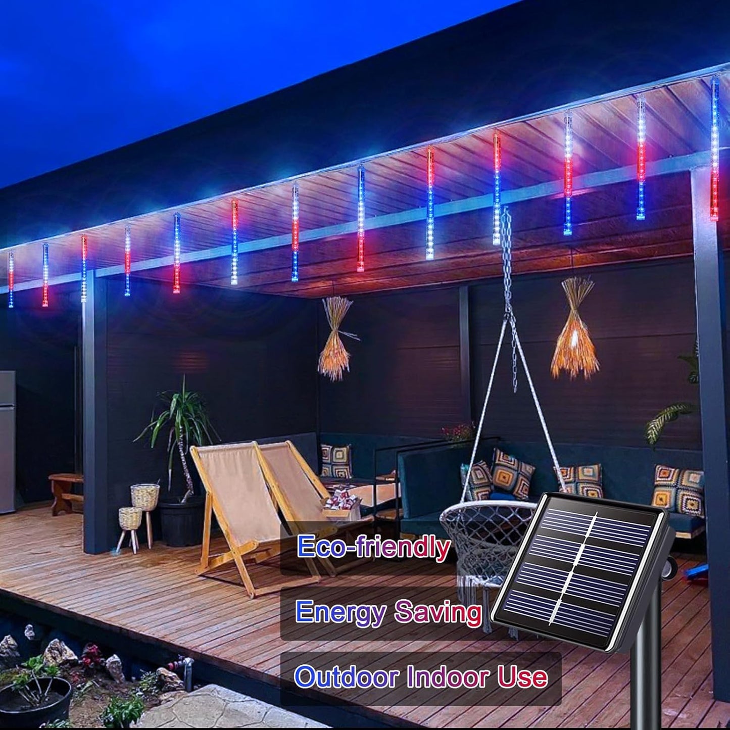 Red White and Blue Solar Lights 8 Tube 144 LEDs Patriotic Solar Meteor Shower Lights Waterproof. 4th of July Lights for Independence Day. Gardens. Tree. Outdoor 4th of July Decorations