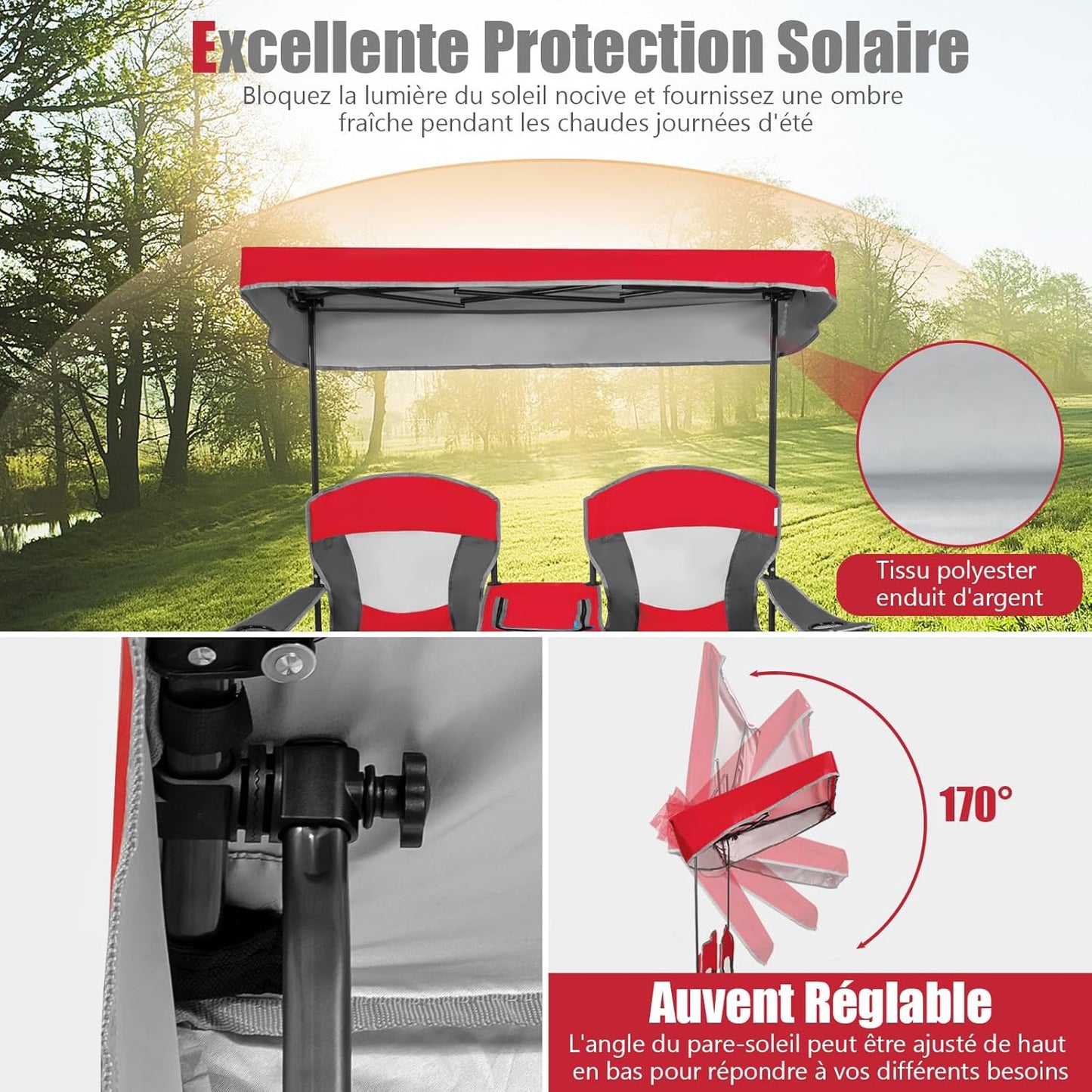 Chaise de Camping Pliante 2 Places avec Parasol Amovible et réglable. Chaise de Plage avec Glacière et Porte-Gobelet. pour Pique-Nique. Pêche. Charge 120KG Chaque Siège (Rouge)