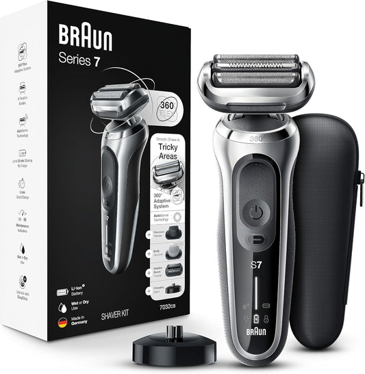 7 7032cs Flex Electric Razor for Men. Wet & Dry. Electric Razor. Rechargeable. Cordless Foil Shaver with Beard Trimmer and Charging Stand. Silver