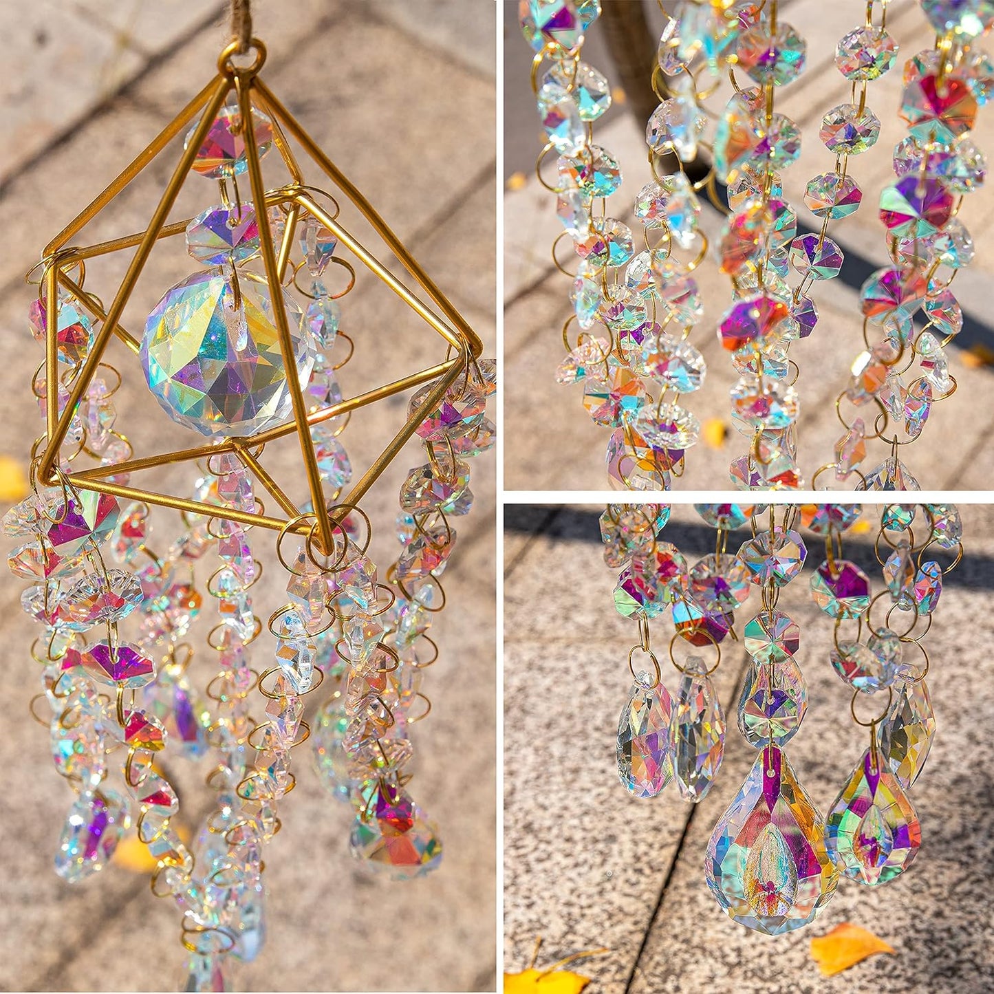 Crystal Suncatchers for Window Hanging Wind Chime Style Garden Sun Catchers with Crystals Rainbow Maker Indoor Outdoor Decor Handmade Gold Plated