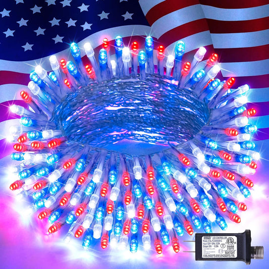 4th of July Decorations 100 LED String Lights Indoor. 33ft Red White and Blue Lights Plug-in. 8 Modes Patriotic 4th of July Lights for Indoor Outdoor Independence Day American Flag Holiday