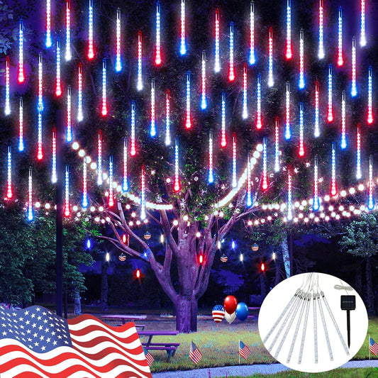 Red White and Blue Solar Lights 8 Tube 144 LEDs Patriotic Solar Meteor Shower Lights Waterproof. 4th of July Lights for Independence Day. Gardens. Tree. Outdoor 4th of July Decorations