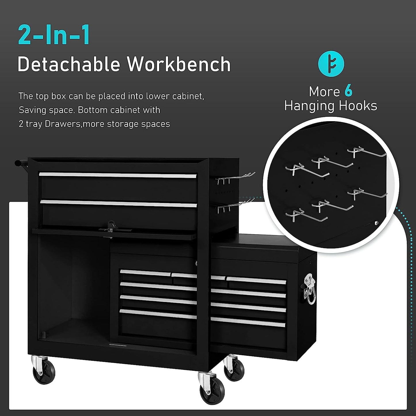 2-IN-1  Tool Chest & Cabinet, Large Capacity 8-Drawer Rolling Tool Box Organizer with Wheels Lockable Craft, Black