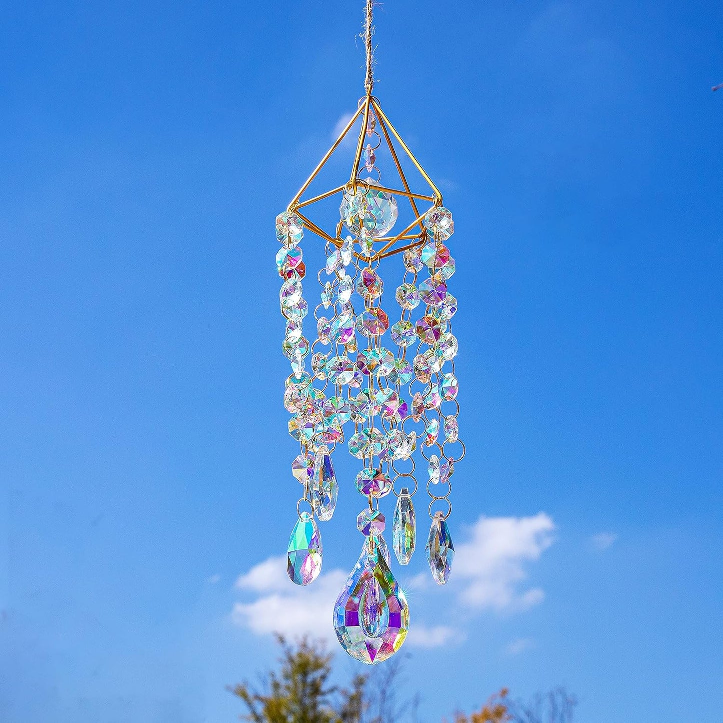 Crystal Suncatchers for Window Hanging Wind Chime Style Garden Sun Catchers with Crystals Rainbow Maker Indoor Outdoor Decor Handmade Gold Plated