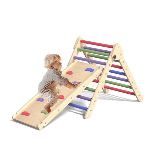 YUFU 2 in 1 Climbing Triangle Ladder with Ramp Foldable Wooden Triangle Climber Set Montessori Climbing Toys for Kids Ourdoor Indoor Playground Play Gym