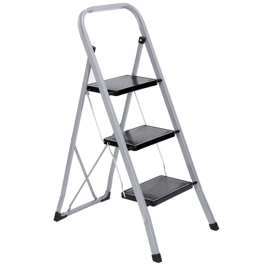 ZENSTYLE 3 Step Ladder Folding Step Stool 330lb Capacity Sturdy Steel Frame, Silver and Black