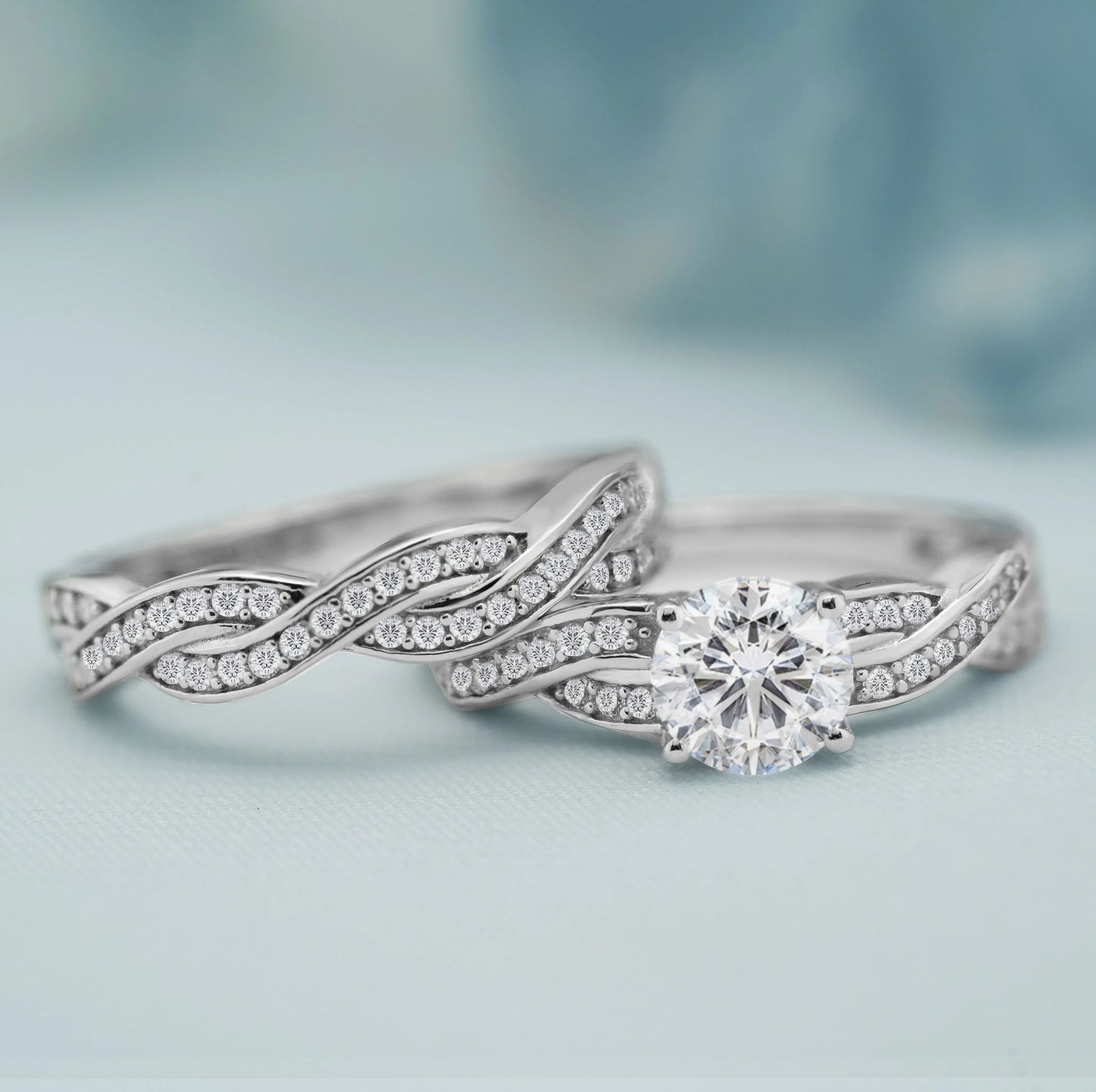 1.5 Carat Round Cut Moissanite Wedding Set - Bridal Set - Infinity Ring - Forever Ring - Promise Ring - 18k White Gold Over Silver
