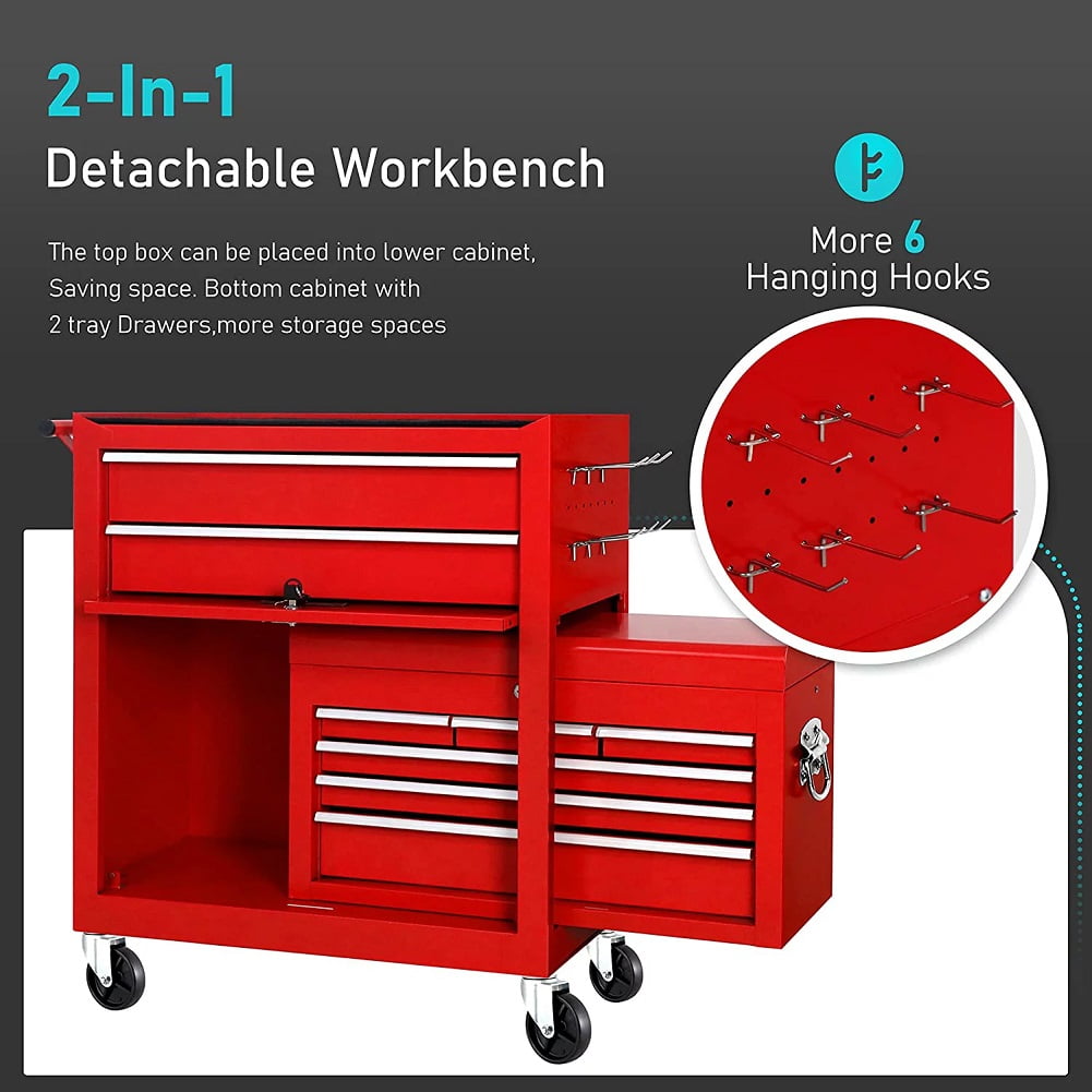 2-IN-1  Tool Chest & Cabinet, Large Capacity 8-Drawer Rolling Tool Box Organizer with Wheels Lockable, Red